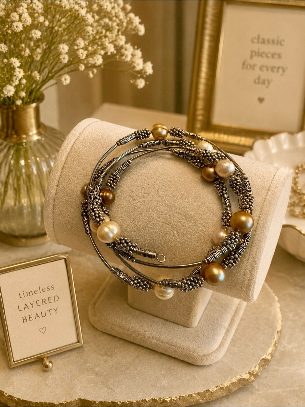 Layered Pearl and Bead Wrap Bracelet - Gold and Cream